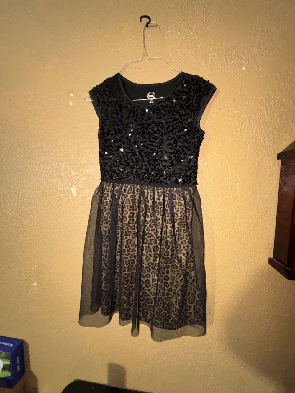 Wonder Nation Girls Black Sequin Top Leopard Print Tulle Skirt Dress